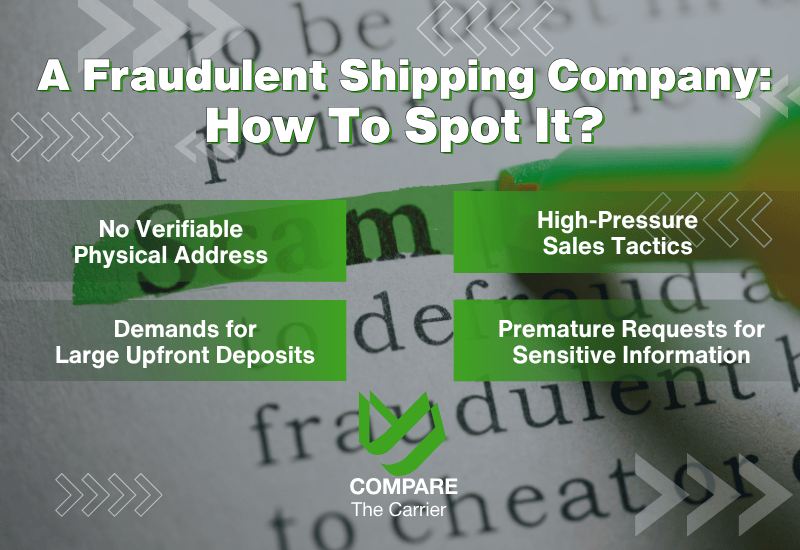 Auto Transport Companies To Avoid 4 4 Infographic showing how to spot a fraudulent shipping company. The title asks "A Fraudulent Shipping Company: How To Spot It?". Four red flags are listed: No Verifiable Physical Address, Demands for Large Upfront Deposits, High-Pressure Sales Tactics, and Premature Requests for Sensitive Information.