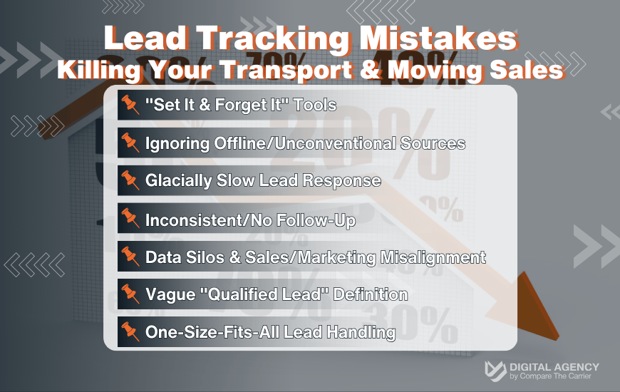 Lead Tracking Mistakes Killing Your Transport & Moving Sales Common lead tracking mistakes in transport and moving: Set & Forget Tools, Ignoring Sources, Slow Response, No Follow-Up, Data Silos, Vague Definitions, One-Size-Fits-All - infographic by Compare The Carrier Digital Agency.