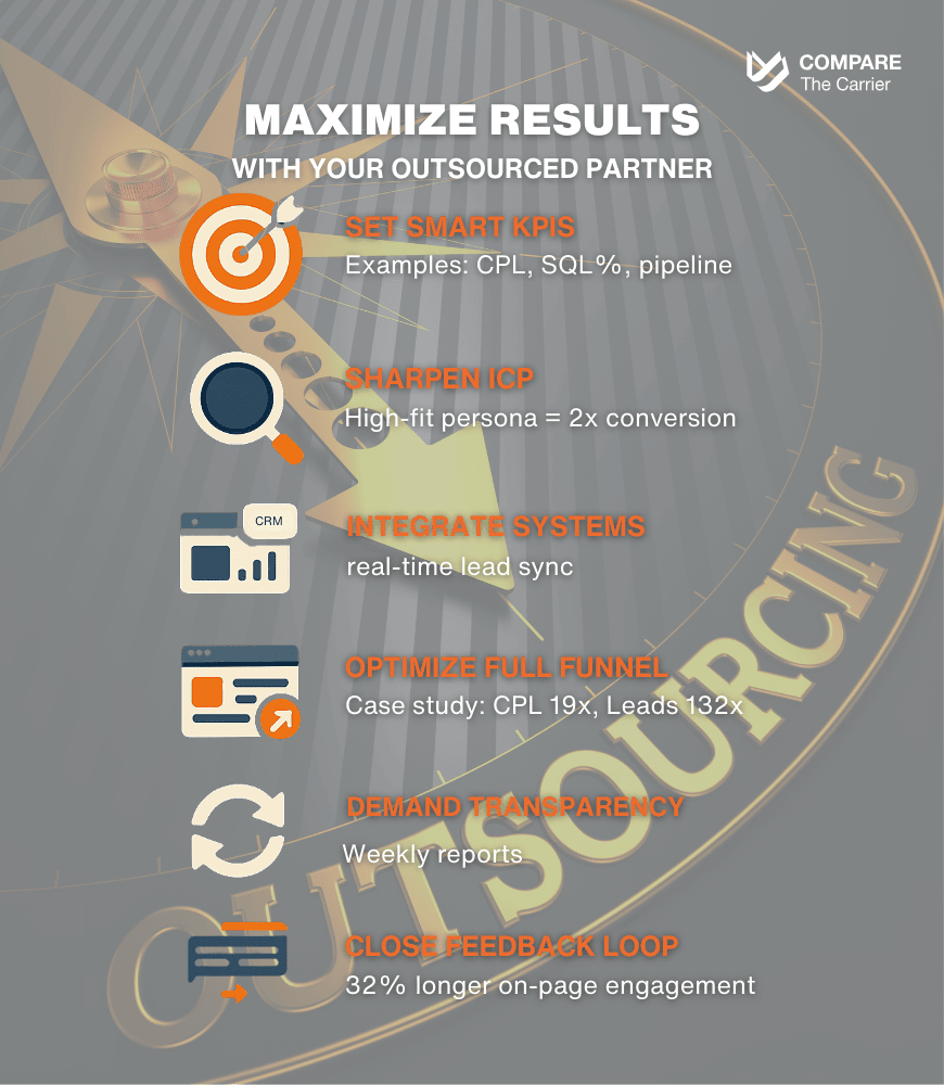 MAXIMIZE RESULTS WITH YOUR OUTSOURCED PARTNER Vertical infographic listing six best practices—set SMART KPIs, sharpen ICP, integrate systems, optimize full funnel (CPL ↓9×, leads ↑32×), demand transparency, close feedback loop (32 % longer engagement)
