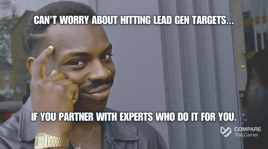 hitting lead gen targets meme Image of the Roll Safe meme: Kayode Ewumi as Reece Simpson points knowingly at his temple and smiles, with text overlay reading: 'Can't worry about hitting your lead gen targets... if you partner with experts who consistently deliver qualified leads for you.' The meme illustrates the smart logic of outsourcing lead generation.