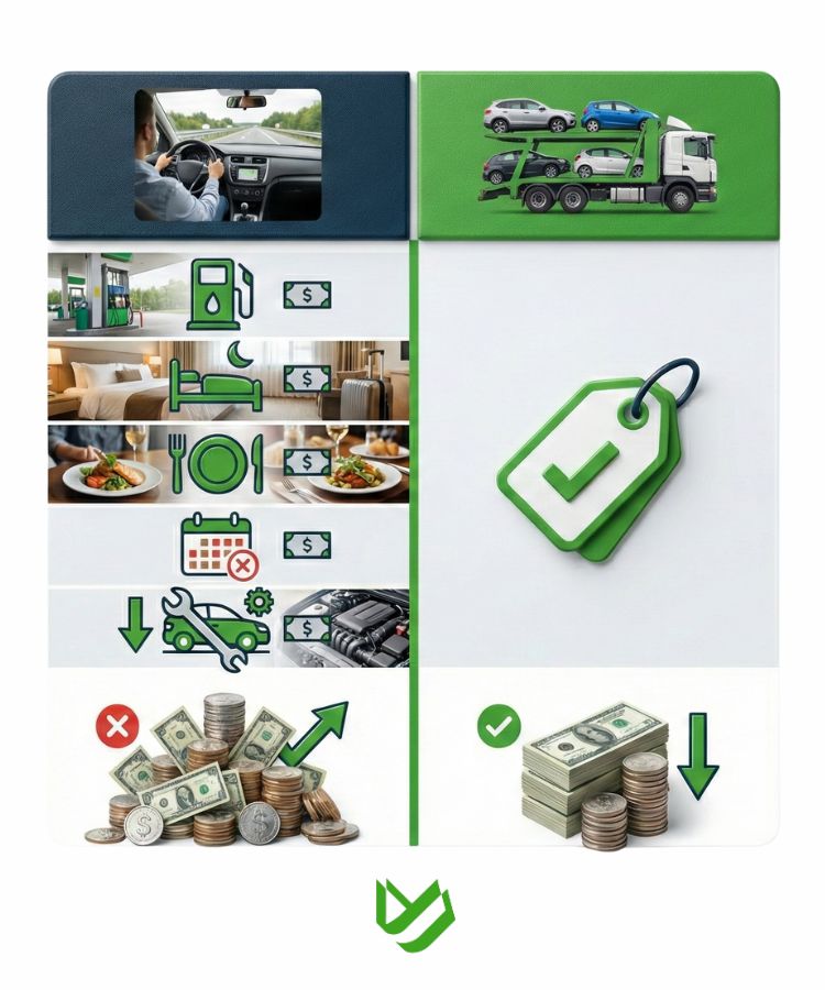 Infographic comparing higher self-transport costs to a single, lower fixed price for car shipping.