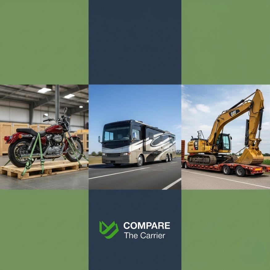 Motorcycle on a pallet, RV on a platform, and excavator on a trailer shown in three photos.