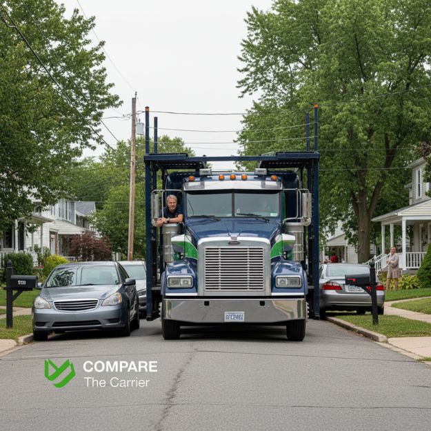 18-wheeler stuck on a narrow street, illustrating why meet-in-parking-lot delivery is preferred.