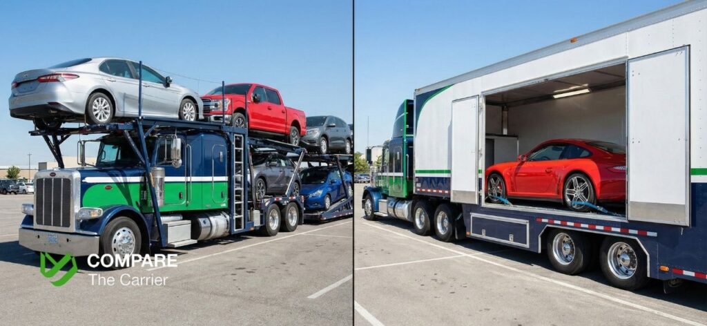 Open car carrier with regular cars vs. enclosed carrier transporting a luxury sports car.