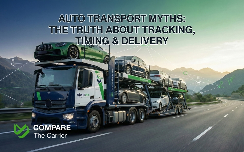 A truck loaded with cars moves along a mountain highway.