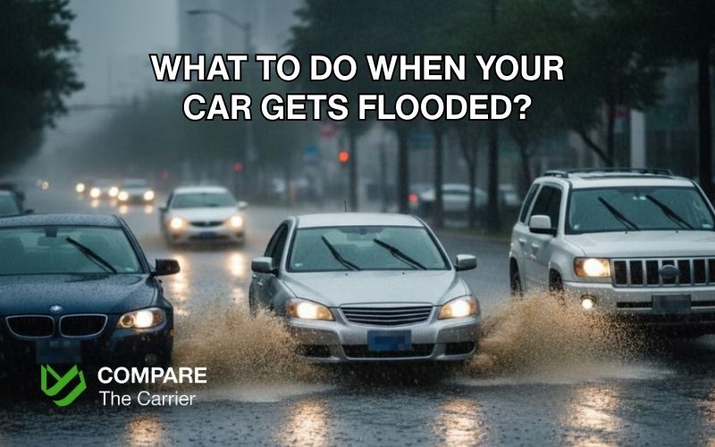 Flooded car in high water on a street due to heavy rain.