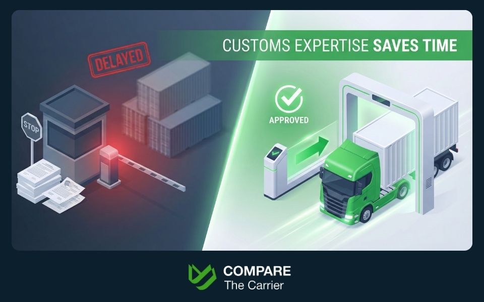How to Choose Reliable Freight Partners (2) Green corridor customs checkpoint with an approved truck passing freely while delayed shipments wait in red zone.