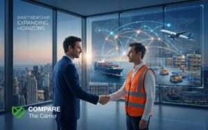 Business leaders collaborating with a logistics partner against a global, multimodal transportation network backdrop.