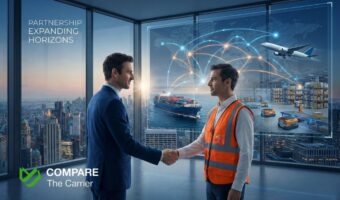 Business leaders collaborating with a logistics partner against a global, multimodal transportation network backdrop.