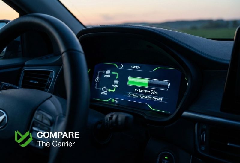 Dashboard of a hybrid car showing optimal battery charge level for transport.