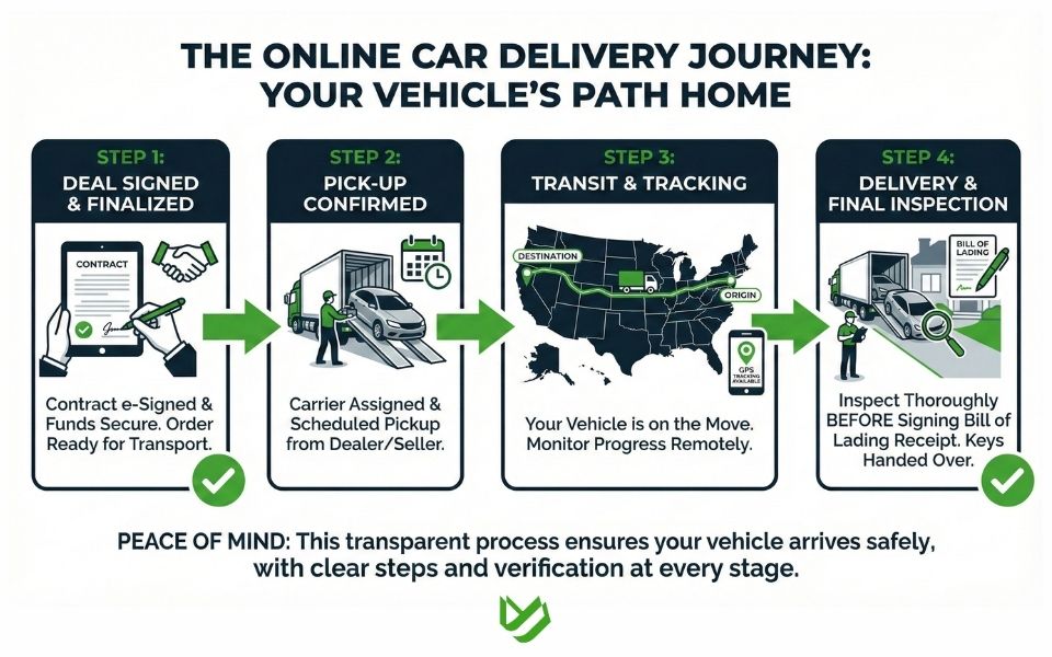 Step-by-step car shipping timeline from deal signed to delivery and inspection