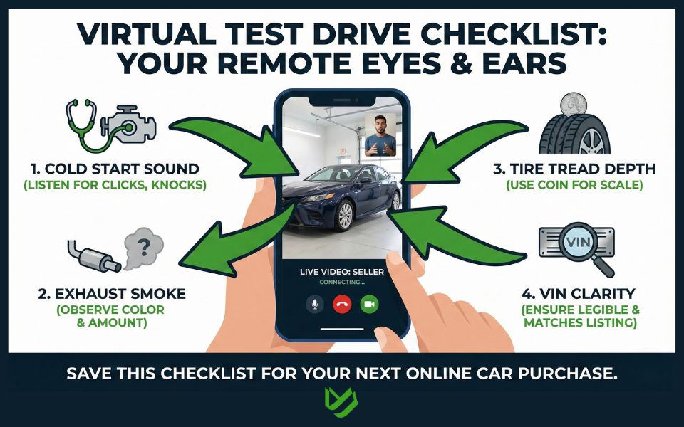 Smartphone showing video car inspection with focus on engine, exhaust, tires, and VIN