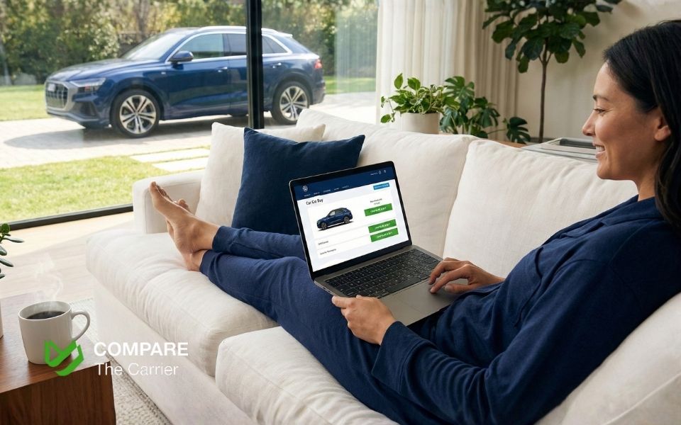 Woman sitting on sofa at home choosing a car online on laptop