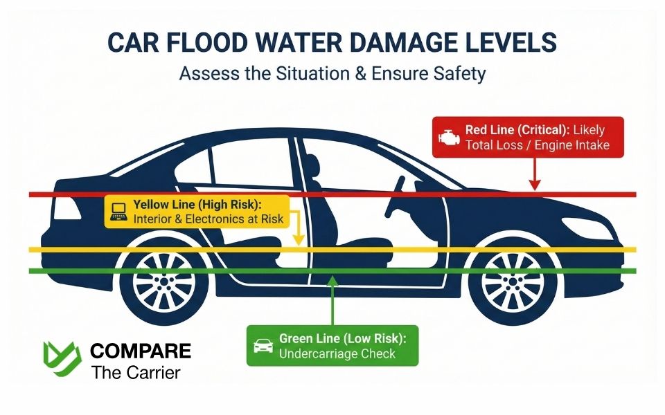 Car flood water damage levels diagram: undercarriage, interior, dashboard.