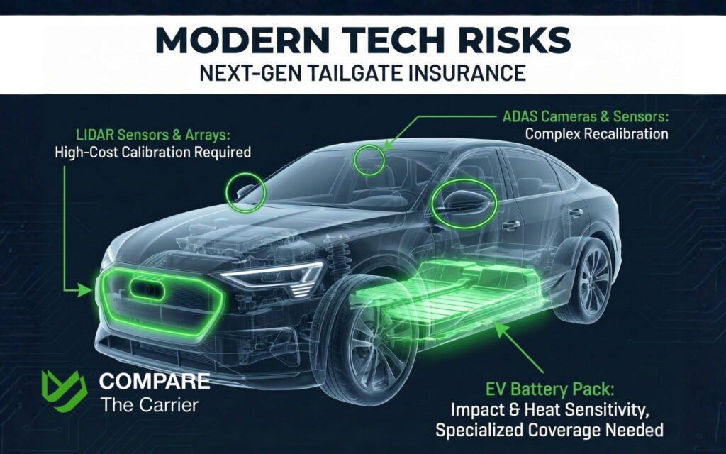 Diagram of a modern vehicle highlighting sensitive ADAS sensors and EV batteries that need specialized shipping insurance in 2026.