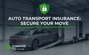 Professional enclosed car transport with an insurance shield overlay, representing secure vehicle shipping.