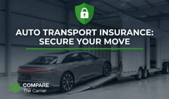 Professional enclosed car transport with an insurance shield overlay, representing secure vehicle shipping.