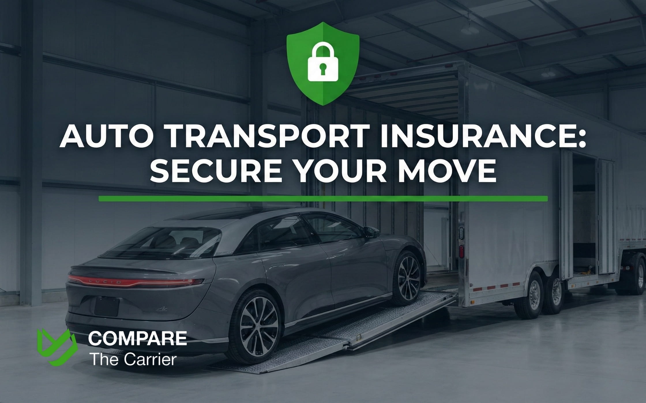 Professional enclosed car transport with an insurance shield overlay, representing secure vehicle shipping.