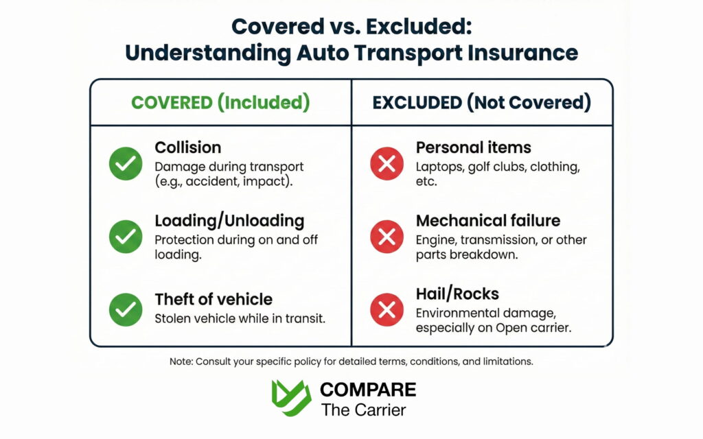 Comparison chart showing what auto transport insurance covers versus common exclusions like personal items and mechanical breakdowns.