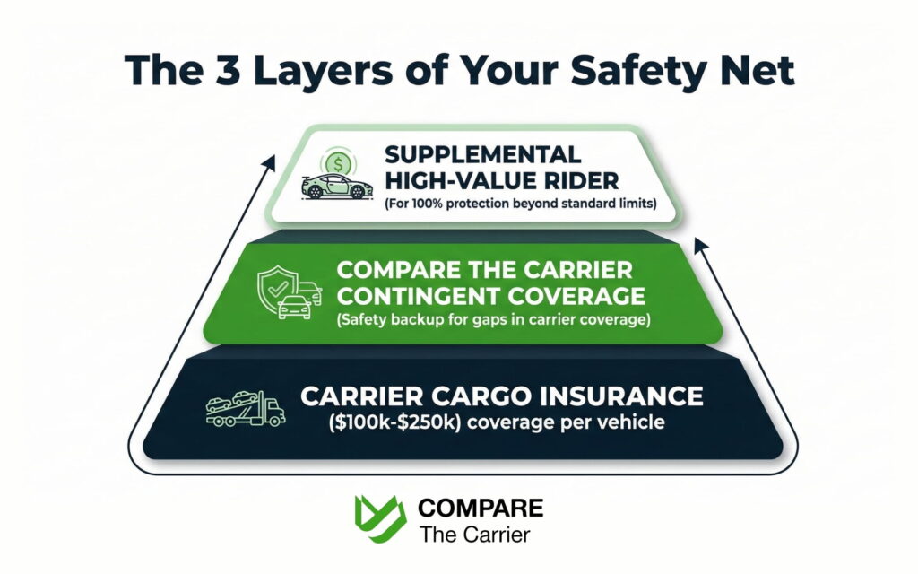 Infographic showing the three levels of car shipping insurance: Carrier Cargo, Compare the Carrier , and Supplemental High-Value coverage.