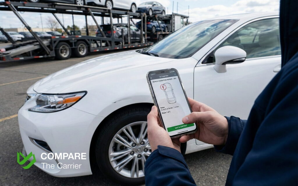 Customer performing a pre-shipping vehicle inspection with a smartphone to document conditions for the Bill of Lading.