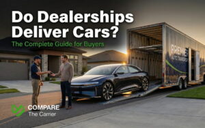 Electric car delivered to driveway by professional enclosed carrier at golden hour.