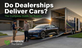 Electric car delivered to driveway by professional enclosed carrier at golden hour.