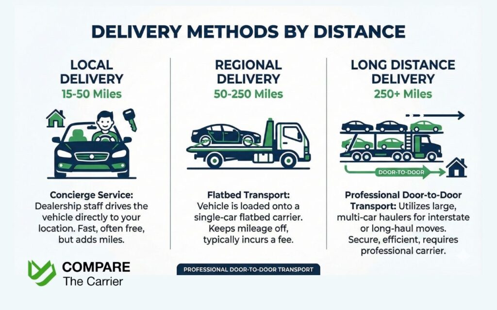 Infographic showing car delivery methods: local concierge, regional flatbed, and long-distance multi-car carrier.