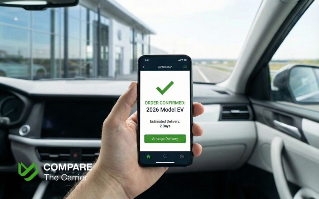 Hand holding smartphone showing car order confirmation with dealership in background.