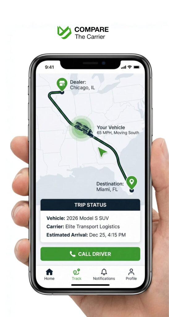 App screenshot showing real-time GPS tracking of a car en route to delivery.