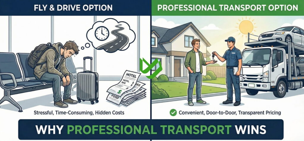 Side-by-side image comparing DIY car pickup with professional delivery: airport and receipts vs. happy homeowner receiving keys.