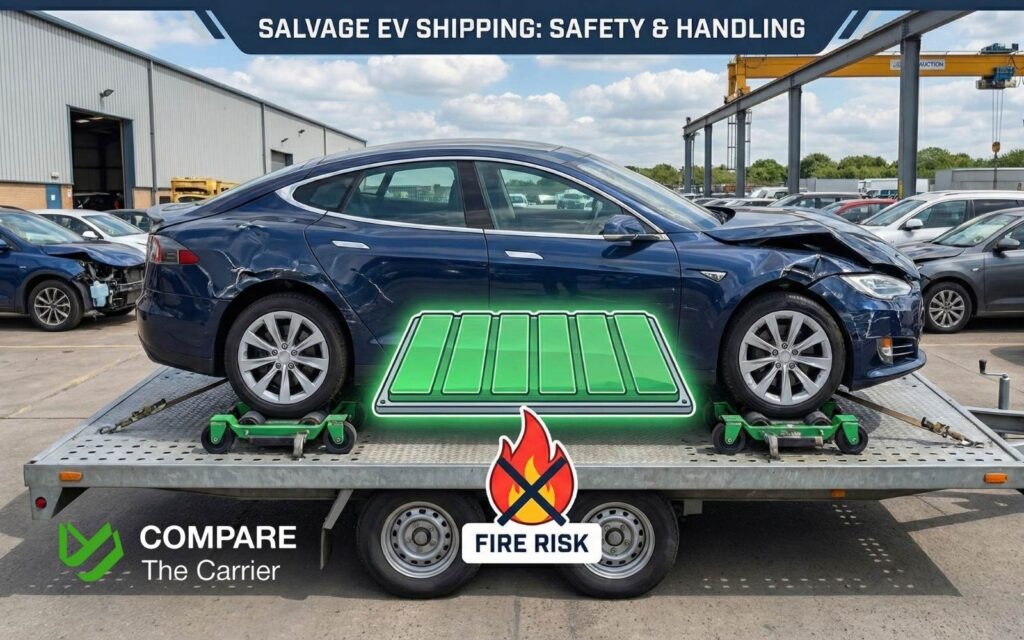 Damaged electric vehicle being transported with wheel dollies due to battery safety risks.