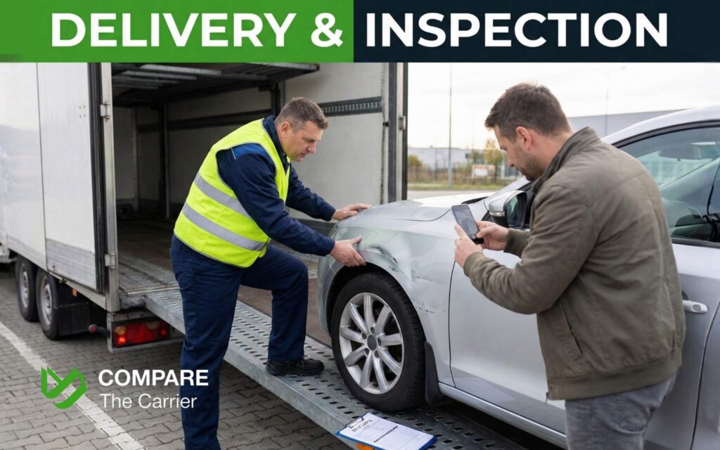 Inspecting a salvage car after delivery and documenting condition on bill of lading.