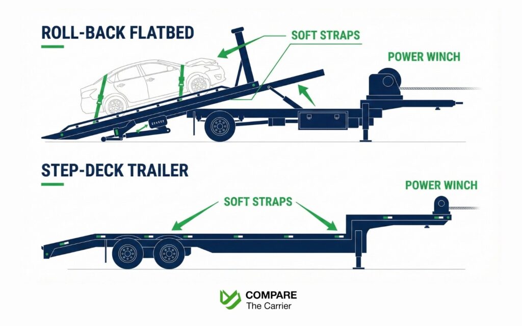 Diagram of salvage vehicle transport equipment including winch, flatbed, and step-deck trailer.