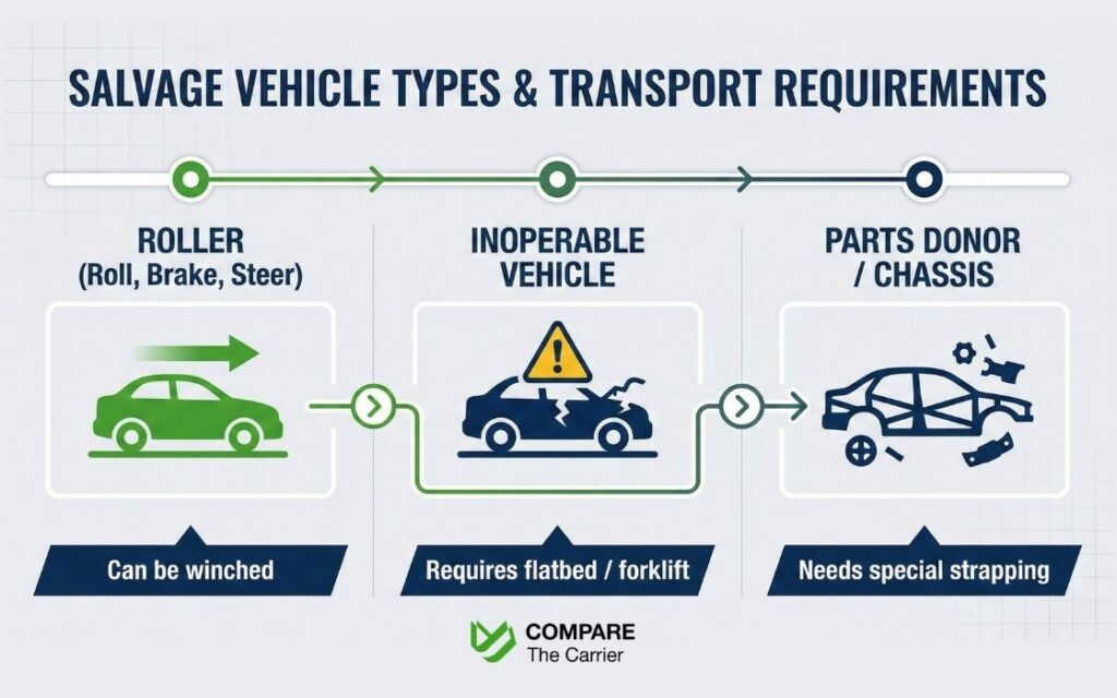 Infographic showing roller, inoperable, and parts-only salvage vehicles for transport