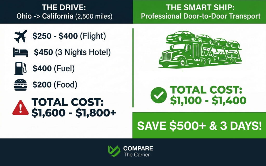 Top 10 States With the Cheapest Used Cars in 2026 (1) Cost comparison graphic showing that professional car shipping is cheaper than driving a used car 2,500 miles from Ohio to California.