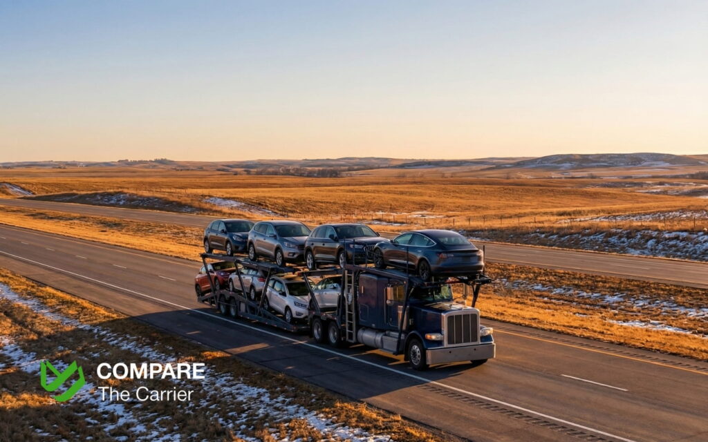 Car hauler transporting used cars across the Midwest US interstate at sunset.