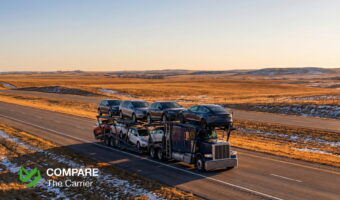 Car hauler transporting used cars across the Midwest US interstate at sunset.