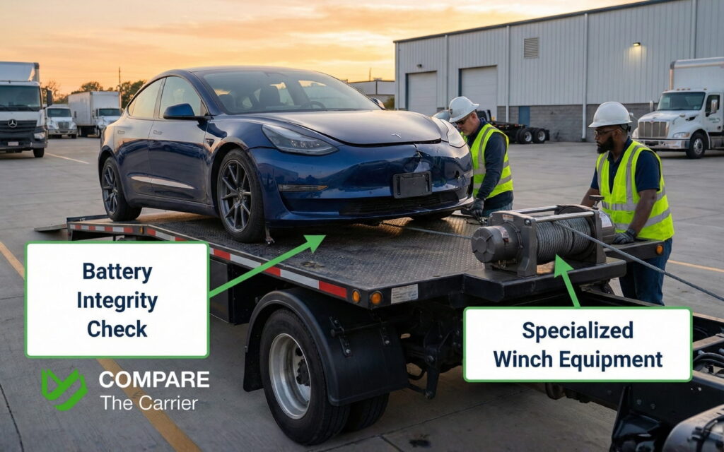 Top 10 States With the Cheapest Used Cars in 2026 (3) Professional transport of a salvage electric vehicle in 2026 highlighting specialized equipment for non-running EVs.