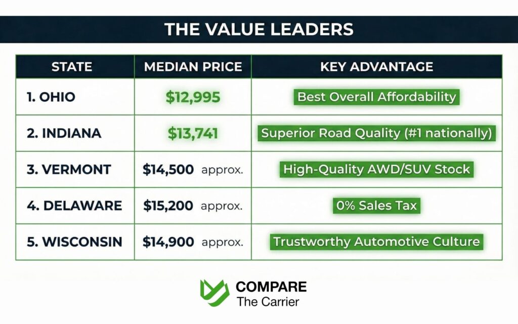 Top 10 States With the Cheapest Used Cars in 2026 (4) Comparison table of the top states for used car value in 2026 featuring median prices for Ohio, Indiana, and Vermont.