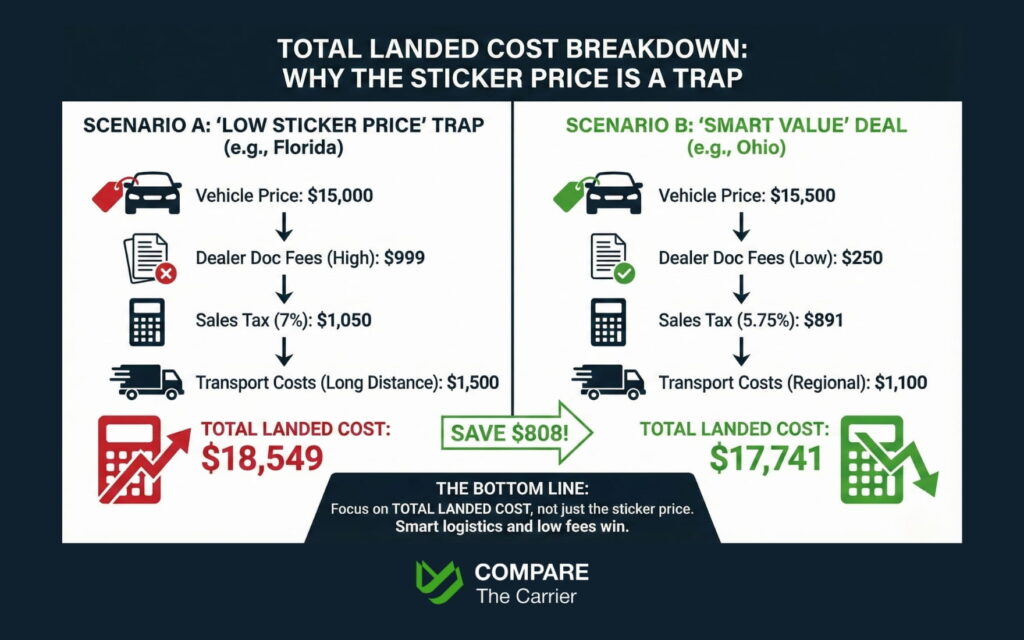 Top 10 States With the Cheapest Used Cars in 2026 (5) Infographic of total cost to buy and ship a used car, including taxes and fees.