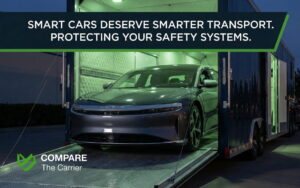 Realistic photo of a high-tech luxury electric vehicle being loaded into a premium enclosed transport trailer illuminated by light.