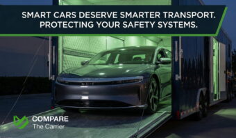 Realistic photo of a high-tech luxury electric vehicle being loaded into a premium enclosed transport trailer illuminated by light.