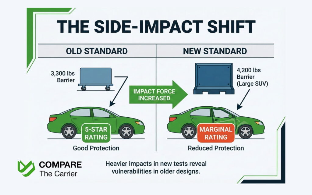 Comparison infographic showing the IIHS side-impact test update from a 3,300-pound barrier to the new 4,200-pound 2026 standard.