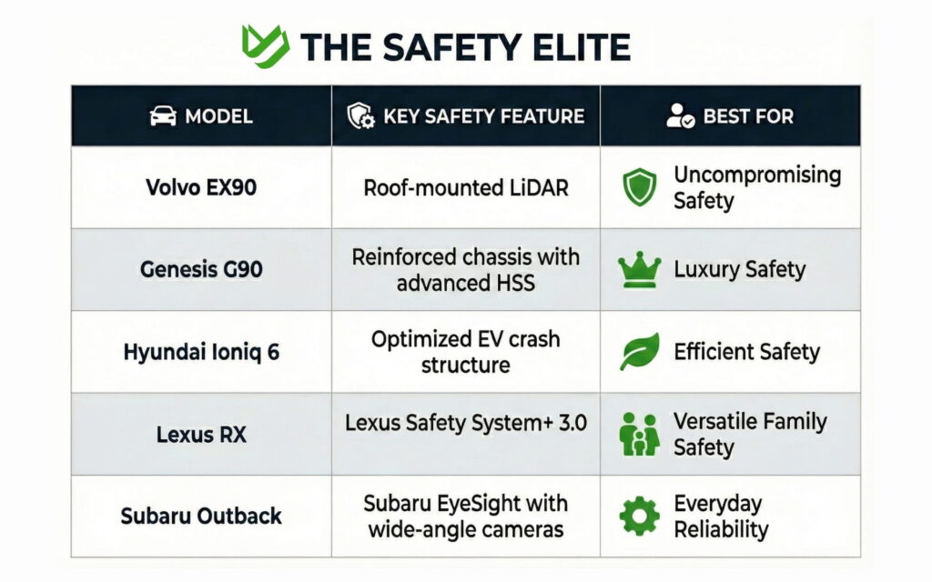 Table ranking the safest cars in the US for 2026, including Volvo EX90, Genesis G90, and Hyundai Ioniq 6.
