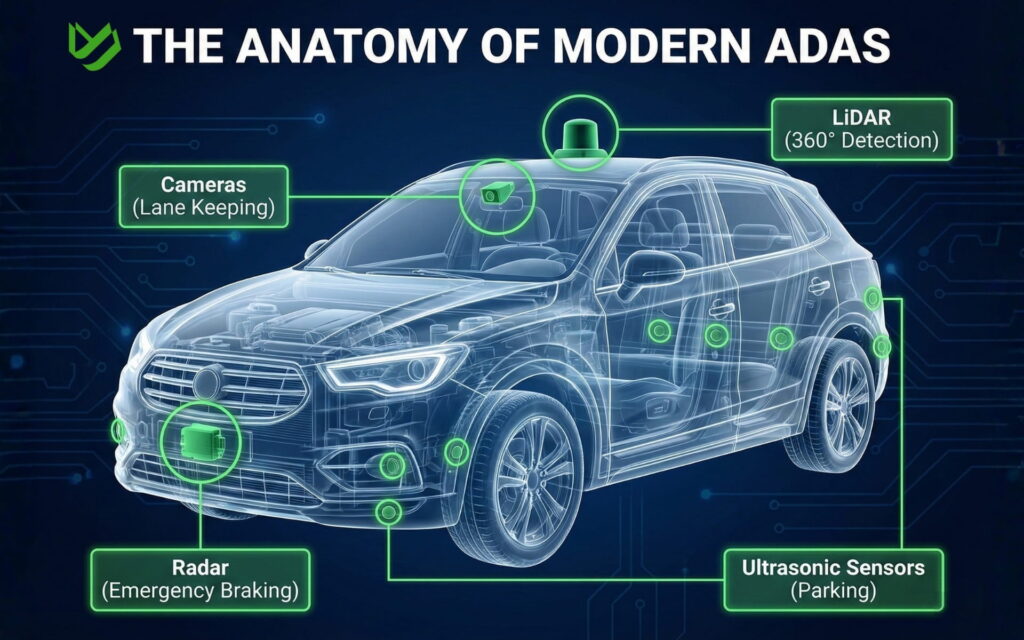 Diagram of a vehicle showing the location of primary safety sensors including radar, LiDAR, and cameras for advanced driver assistance systems.