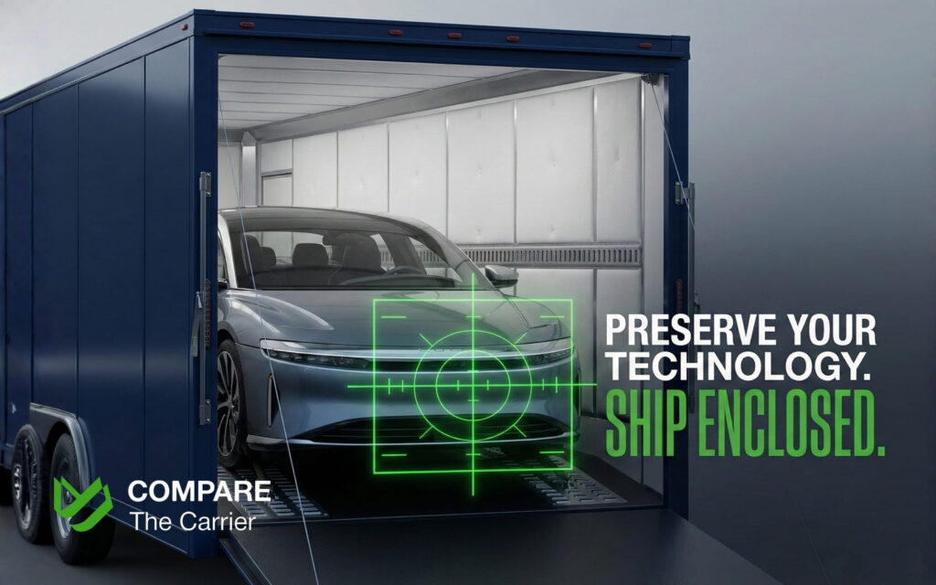 A luxury car with sensitive ADAS sensors being loaded into an enclosed car transport carrier to maintain sensor calibration.