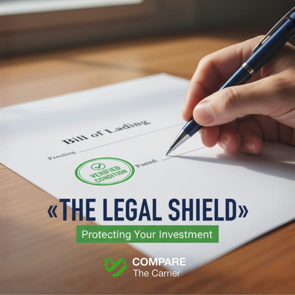 Close-up of a person signing a Bill of Lading document with a verified condition stamp, emphasizing legal protection.