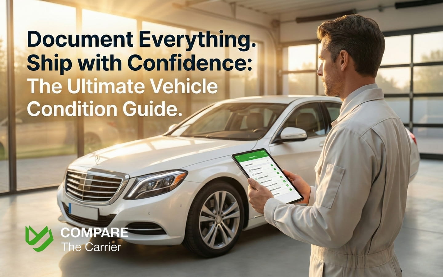 A professional inspector using a digital tablet to document a clean car's condition under bright, natural morning light.