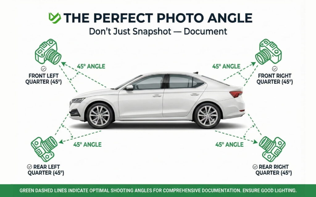 Technical guide showing the correct angles and positions for taking high-resolution photos for a vehicle condition report.